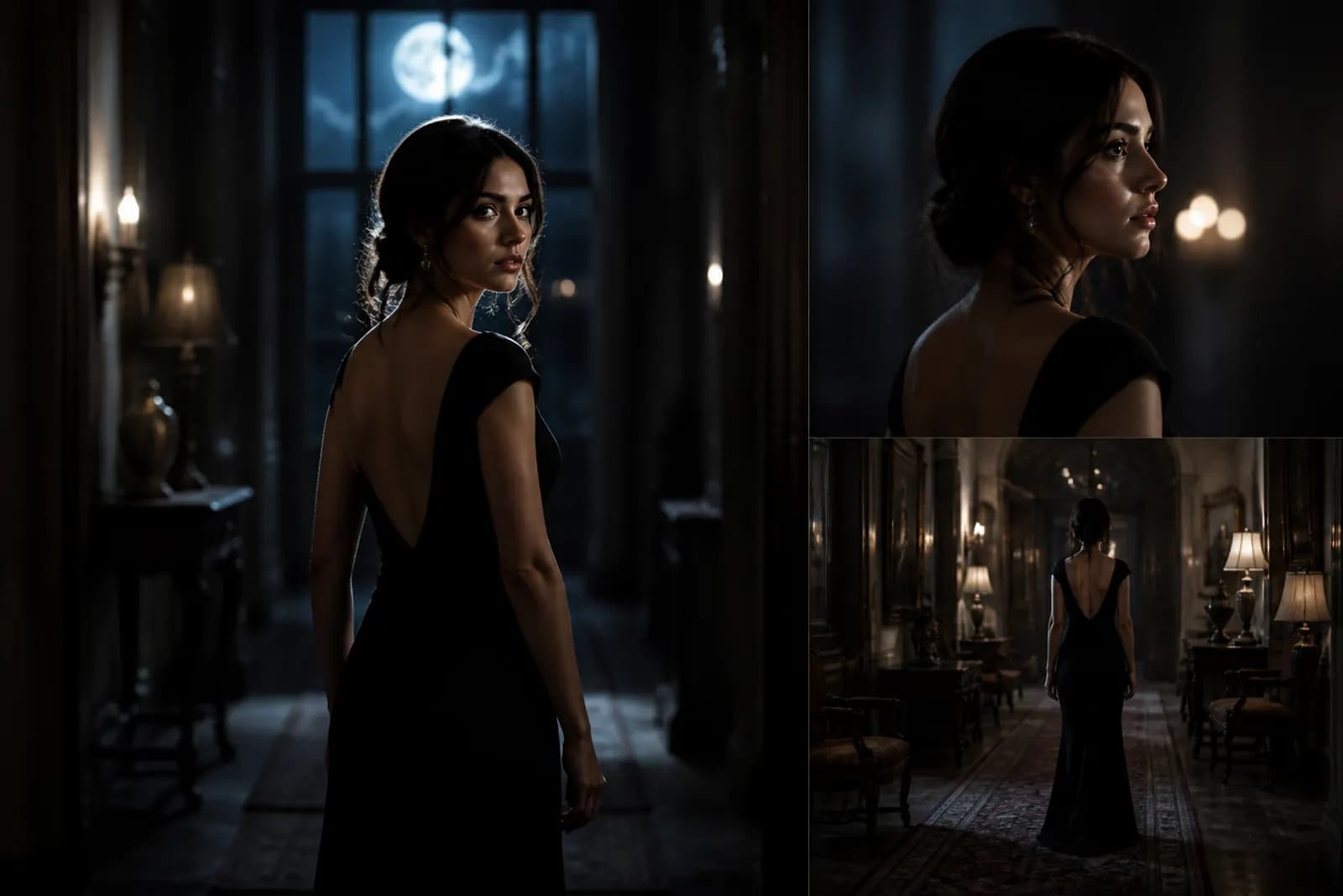 Cinematic still of a woman in a dark mansion hallway